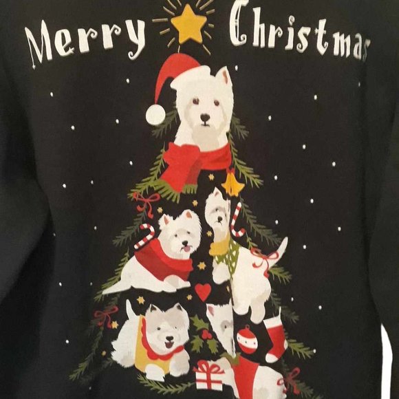 West Highland White Terrier Xmas Tree Dog Black Crew neck Sweatshirt Size L - Picture 3 of 4